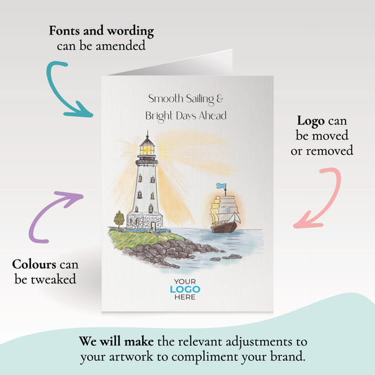 ‘Lighthouse & Boat’ Personalised Corporate Branded Leaving Greeting Cards image 1