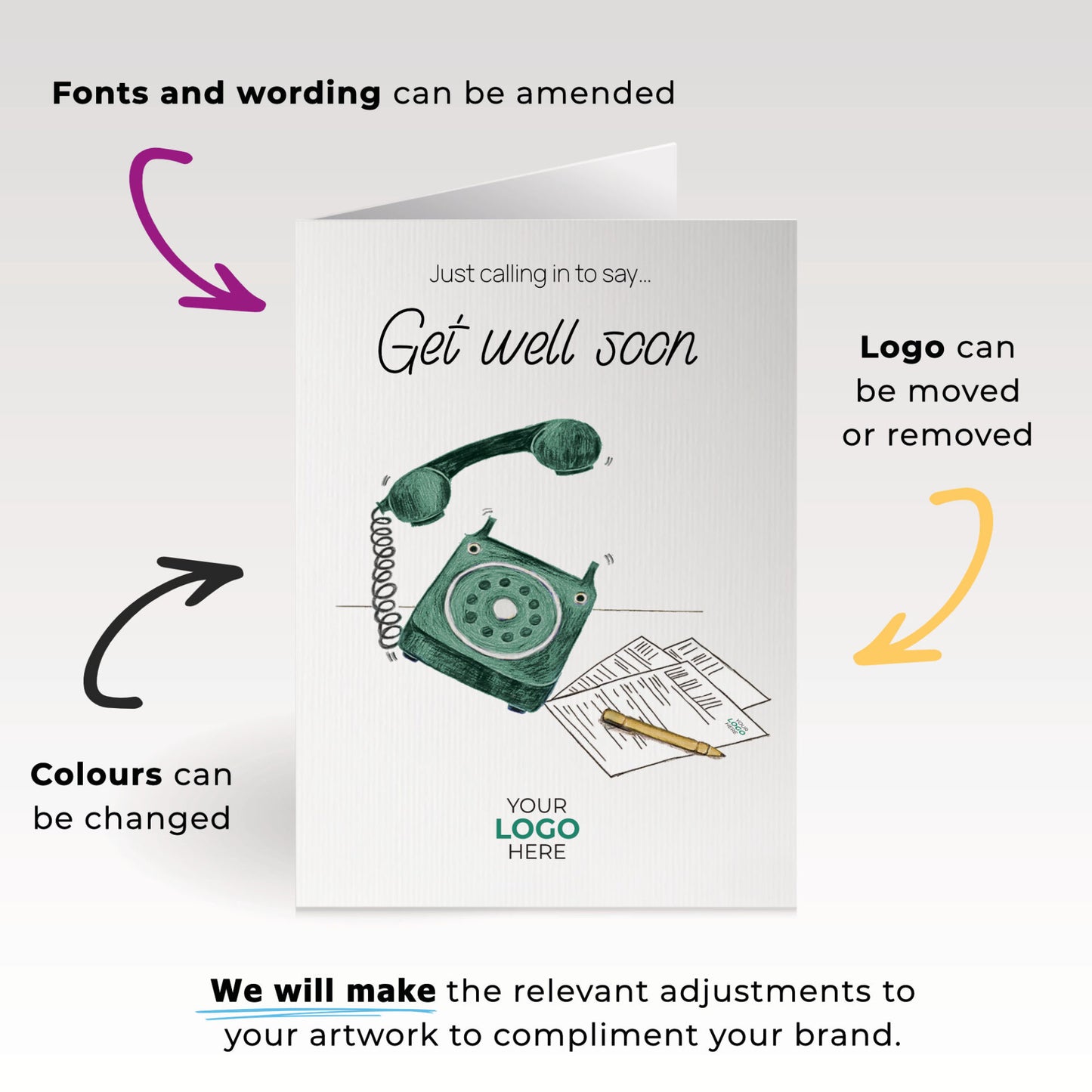 ‘Phone Calling’ Personalised Corporate Branded Get Well Soon Greeting Cards image 1