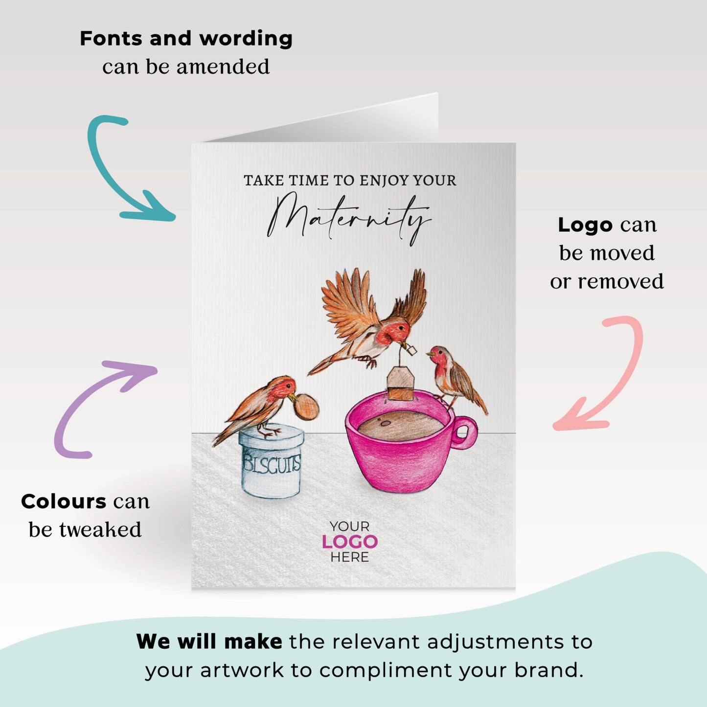 ‘Birds Making Tea’ Personalised Corporate Branded Maternity/Paternity Greeting Cards image 1