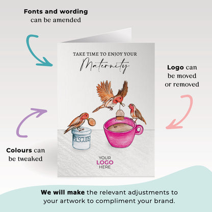 ‘Birds Making Tea’ Personalised Corporate Branded Maternity/Paternity Greeting Cards image 1