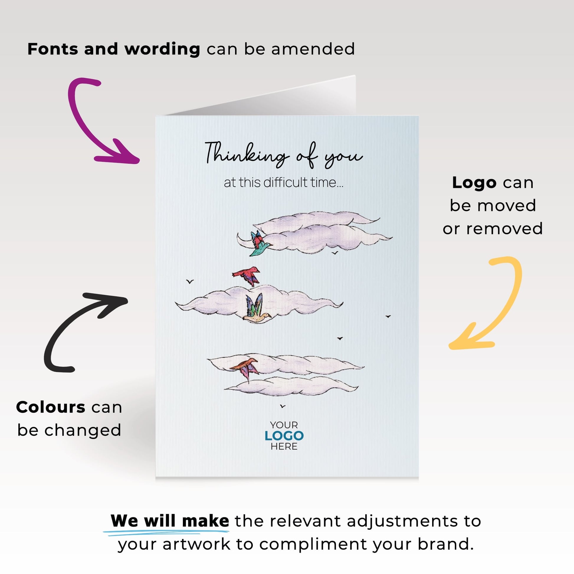 ‘Birds in Clouds’ Personalised Corporate Branded Sympathy Greeting Cards image 1