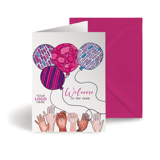 ‘Balloons & Hands’ Personalised Corporate Branded New Job Greeting Cards image 0