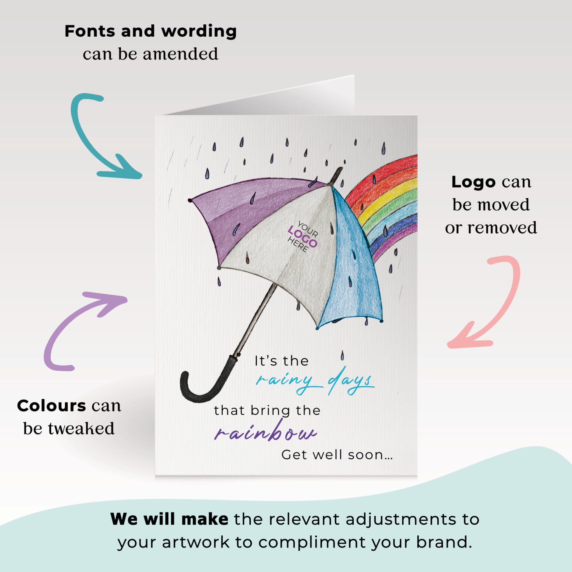 ‘Umbrella & Rainbow’ Personalised Corporate Branded Get Well Soon Greeting Cards image 1