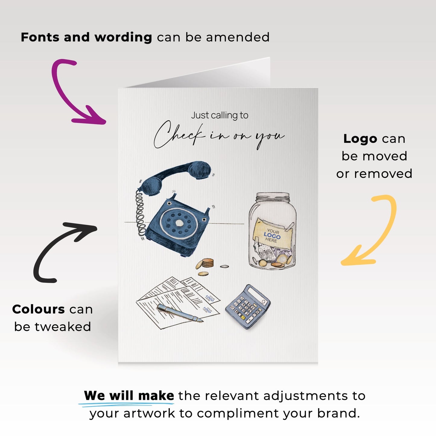 ‘Money, Jar & Phone’ Personalised Corporate Branded Checking In Greeting Cards image 1