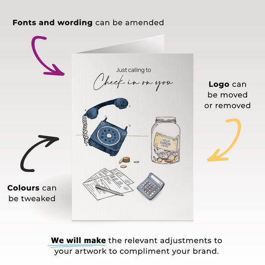 ‘Money, Jar & Phone’ Personalised Corporate Branded Checking In Greeting Cards image 1