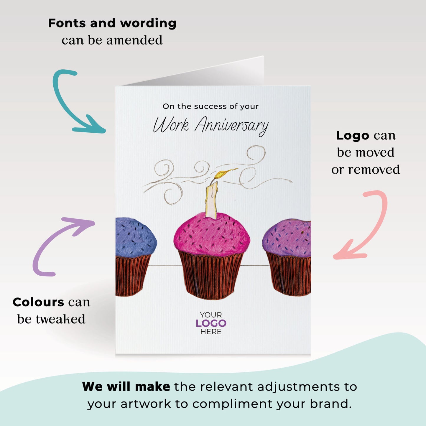 ‘Candle On Cupcake’ Personalised Corporate Branded Anniversary Greeting Cards image 1