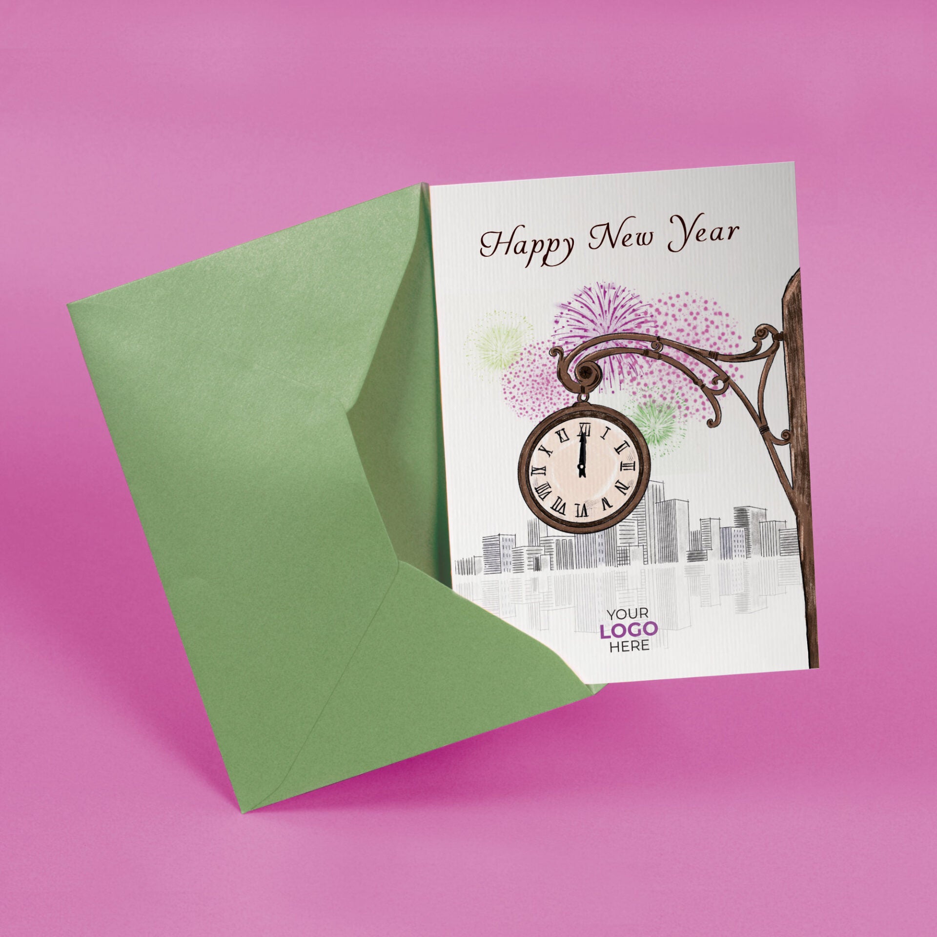 Clock Striking Twelve' Personalised Corporate Branded New Year Greeting Cards image 2