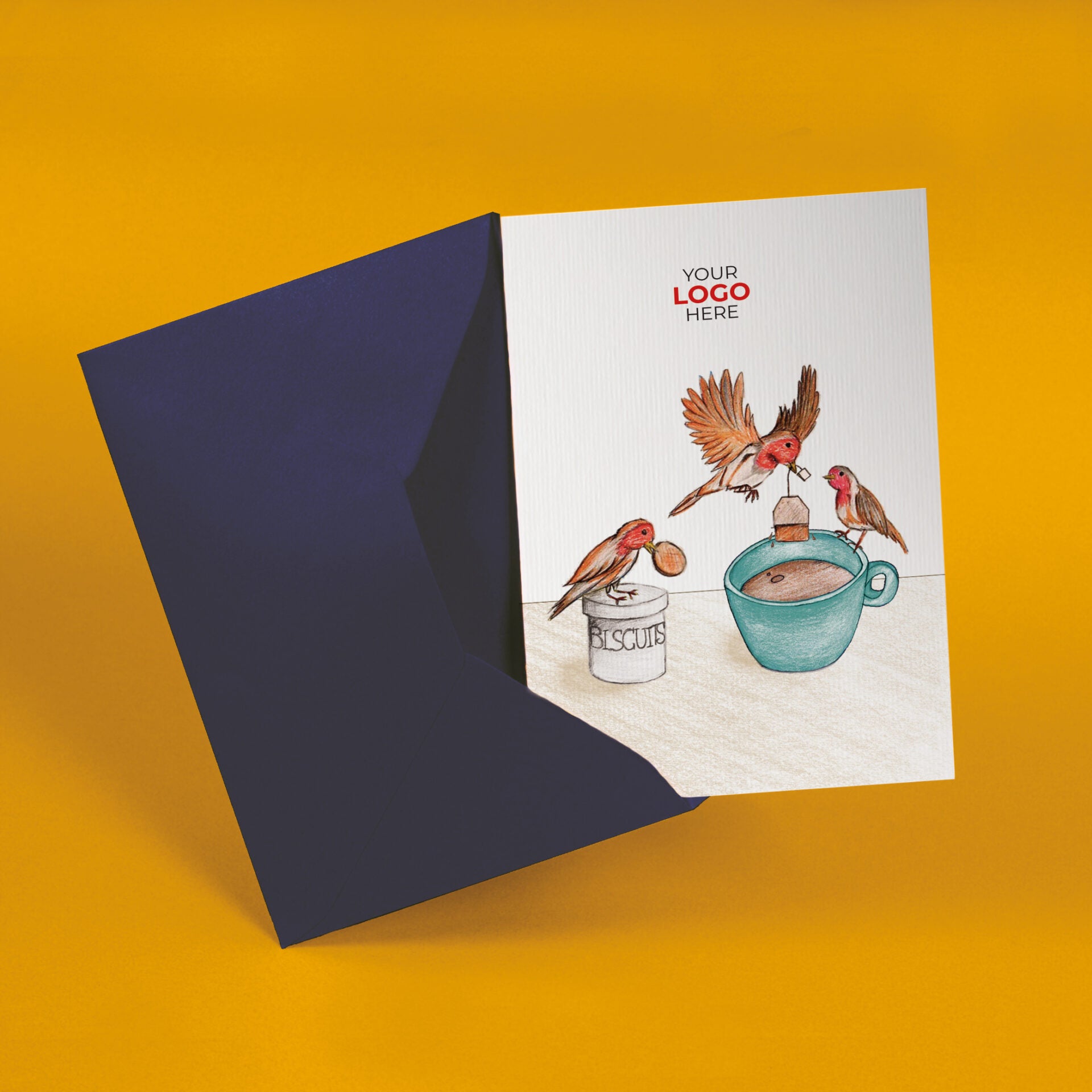 ‘Birds Making Tea’ Personalised Corporate Branded Open Greeting Cards image 2