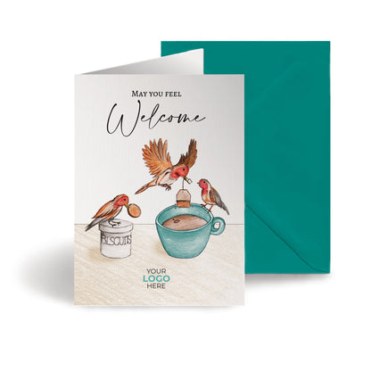 ‘Birds Making Tea’ Personalised Corporate Branded Welcome Greeting Cards image 0