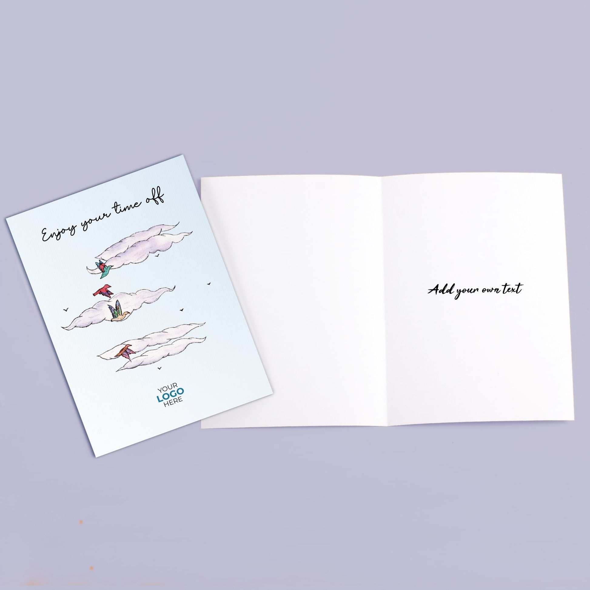 ‘Birds In Clouds’ Personalised Corporate Branded Travel Greeting Cards image 2