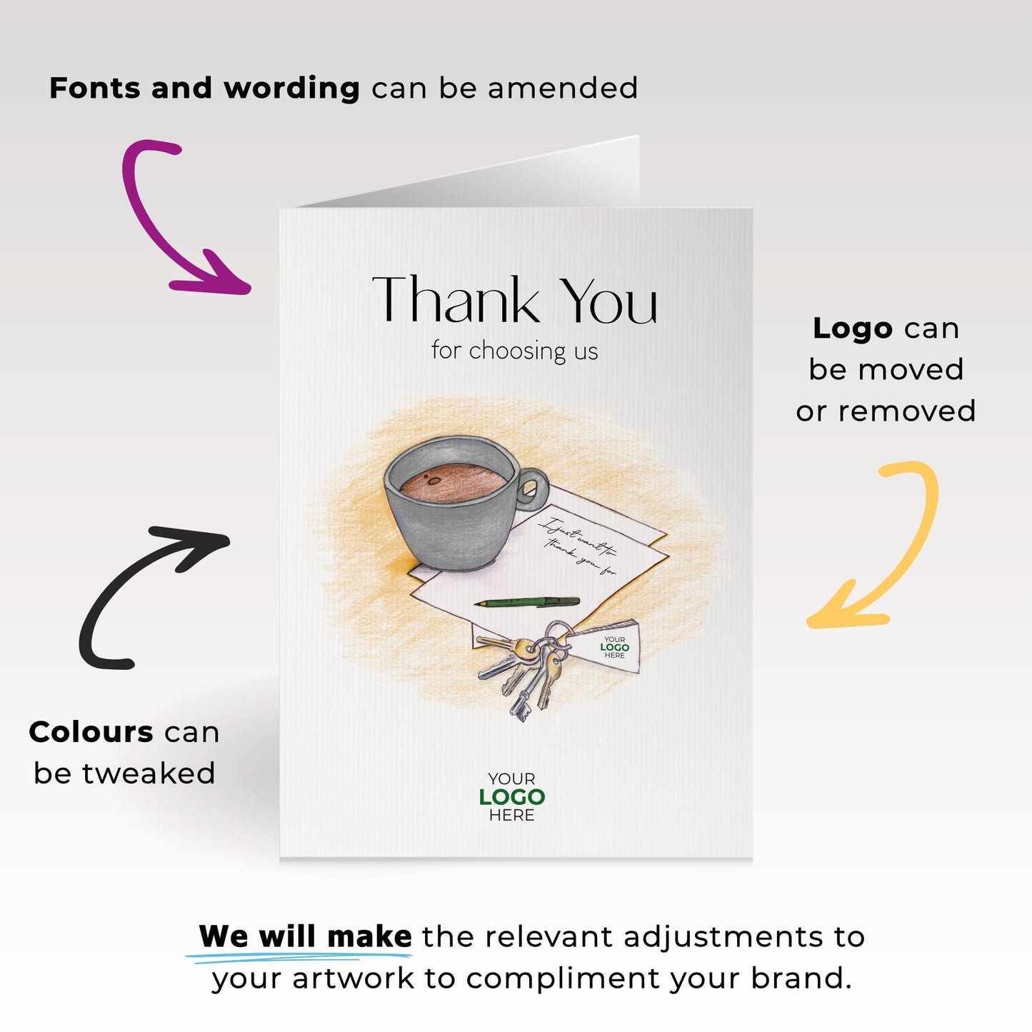 ‘Cup, Note & Keys’ Personalised Corporate Branded Property Greeting Cards image 1