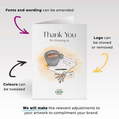 ‘Cup, Note & Keys’ Personalised Corporate Branded Property Greeting Cards image 1