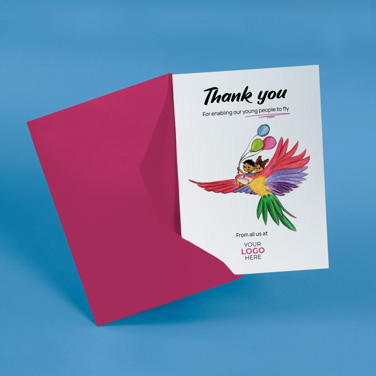 ‘Parrot with Children’ Personalised Corporate Branded Education Greeting Cards image 2