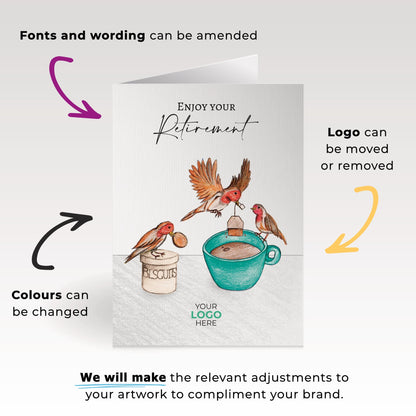Birds Making Tea’ Personalised Corporate Branded Retirement Greeting Cards image 1
