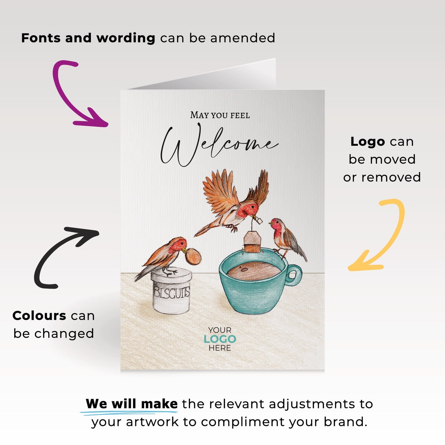 ‘Birds Making Tea’ Personalised Corporate Branded Welcome Greeting Cards image 1
