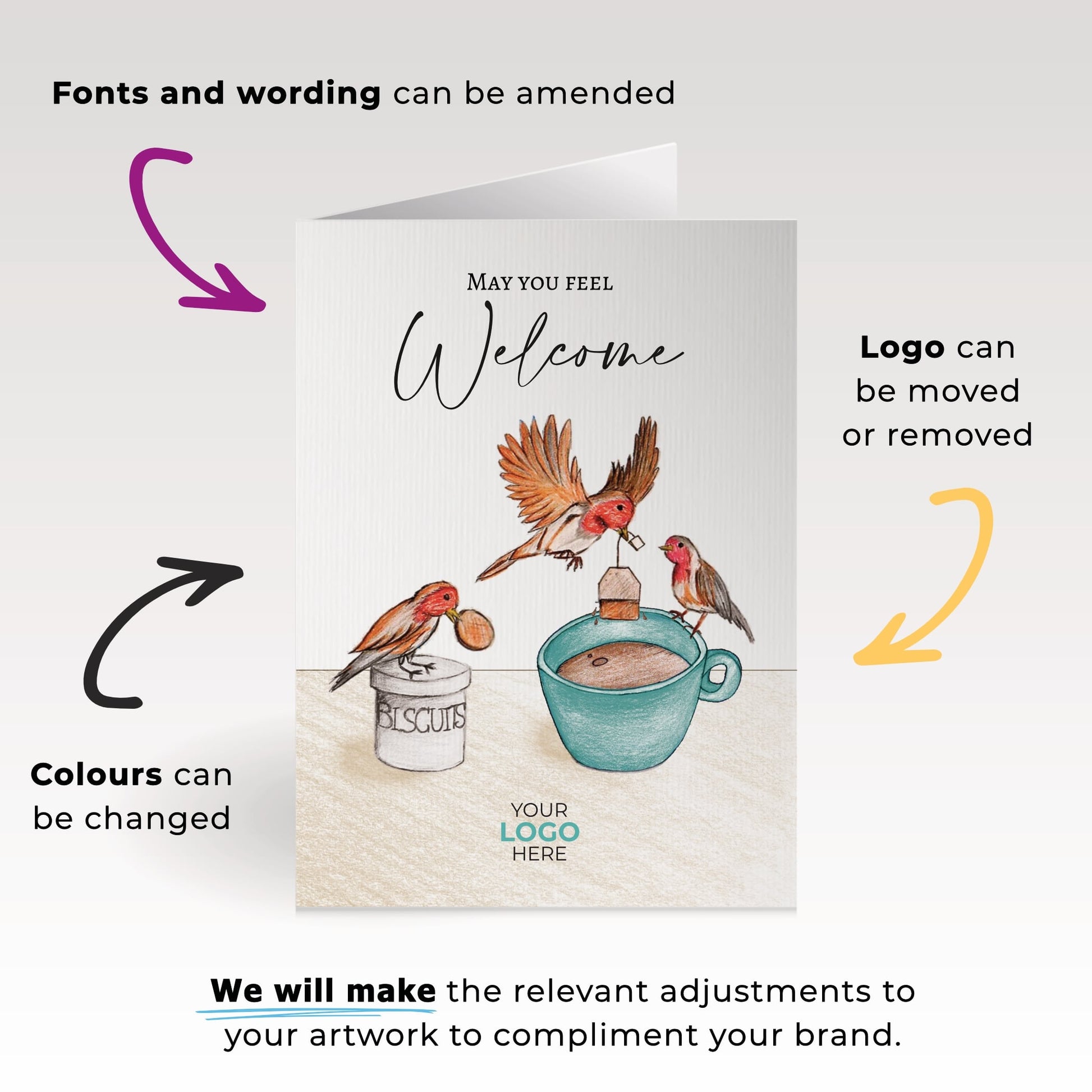 ‘Birds Making Tea’ Personalised Corporate Branded Welcome Greeting Cards image 1