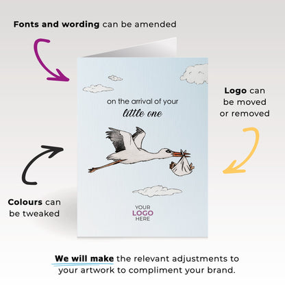 ‘Stork Holding Baby’ Personalised Corporate Branded New Baby Greeting Cards image 1
