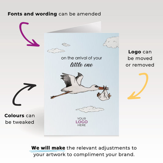 ‘Stork Holding Baby’ Personalised Corporate Branded New Baby Greeting Cards image 1