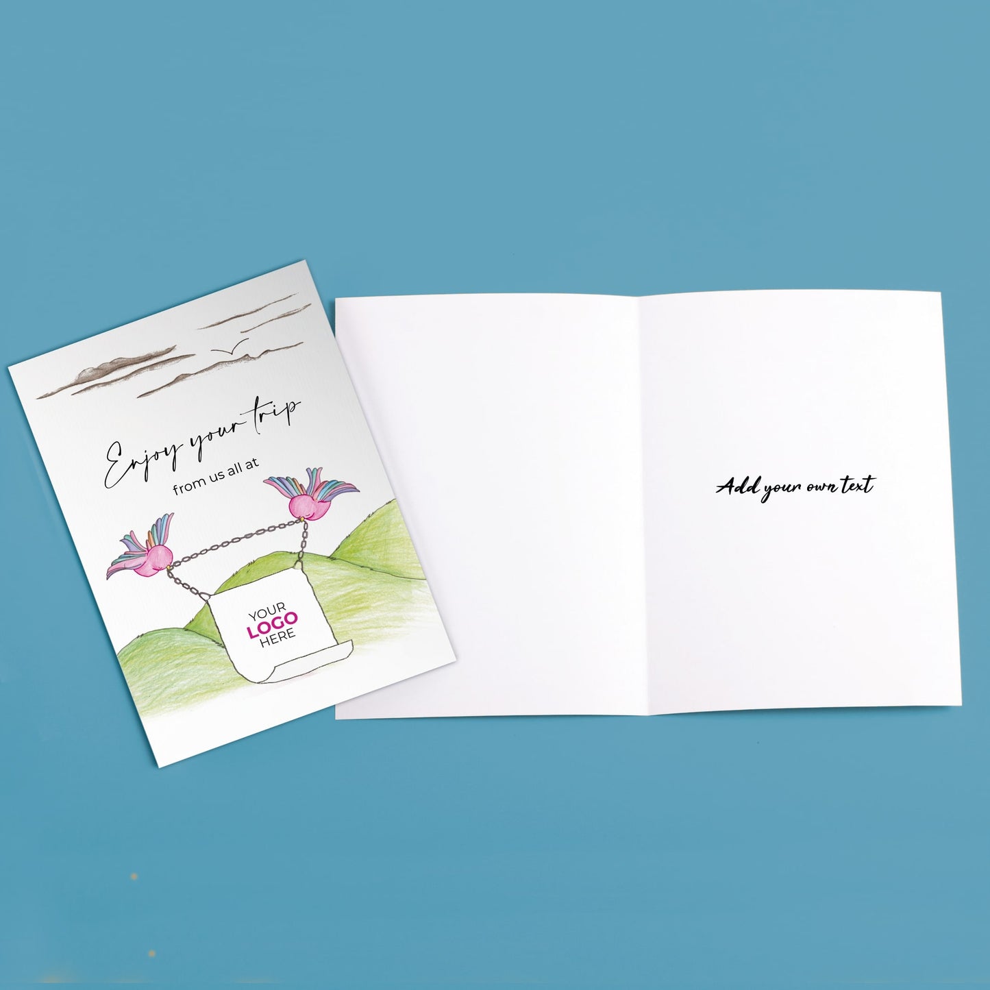 ‘Birds With Sign’ Personalised Corporate Branded Travel Greeting Cards image 2
