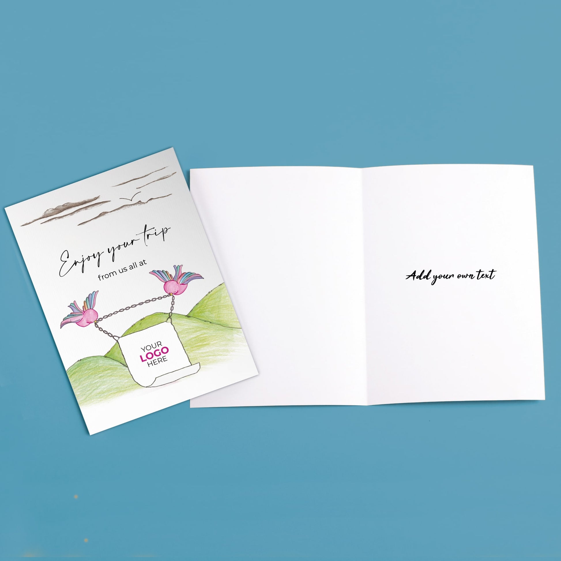 ‘Birds With Sign’ Personalised Corporate Branded Travel Greeting Cards image 2