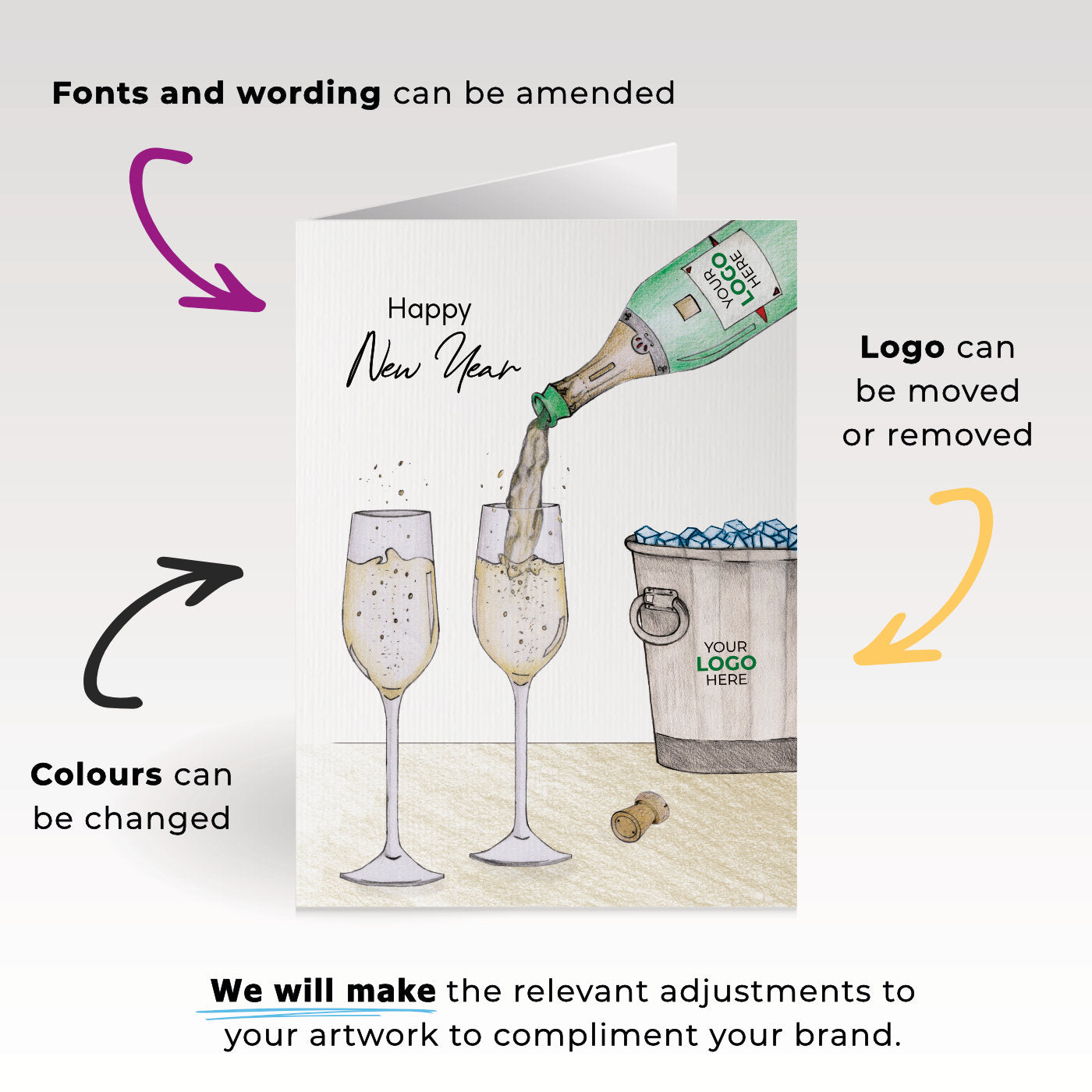 Pouring Champagne' Personalised Corporate Branded New Year Greeting Cards image 1
