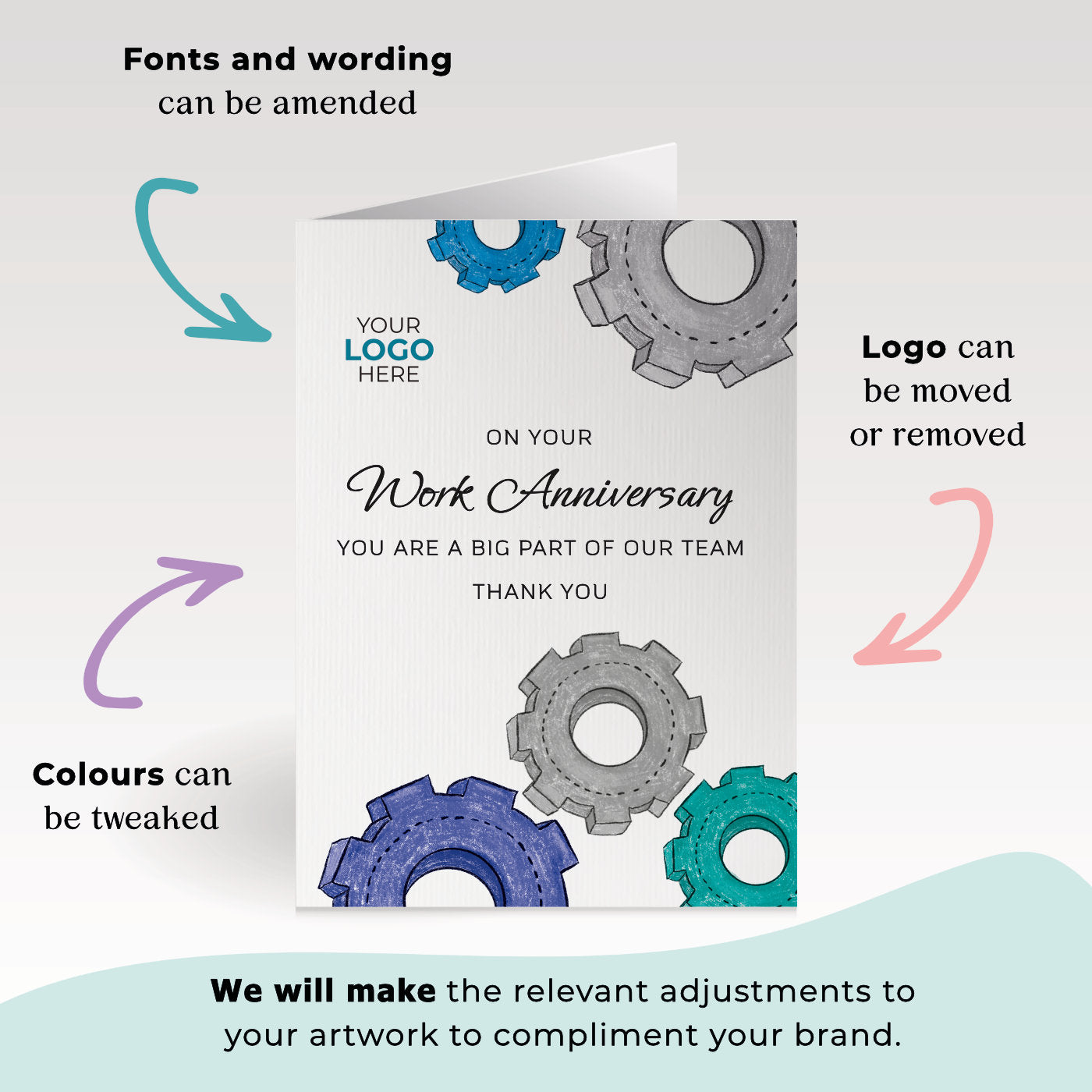 ‘Colourful Cogs’ Personalised Corporate Branded Anniversary Greeting Cards image 1