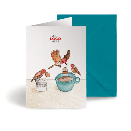 ‘Birds Making Tea’ Personalised Corporate Branded Open Greeting Cards image 0