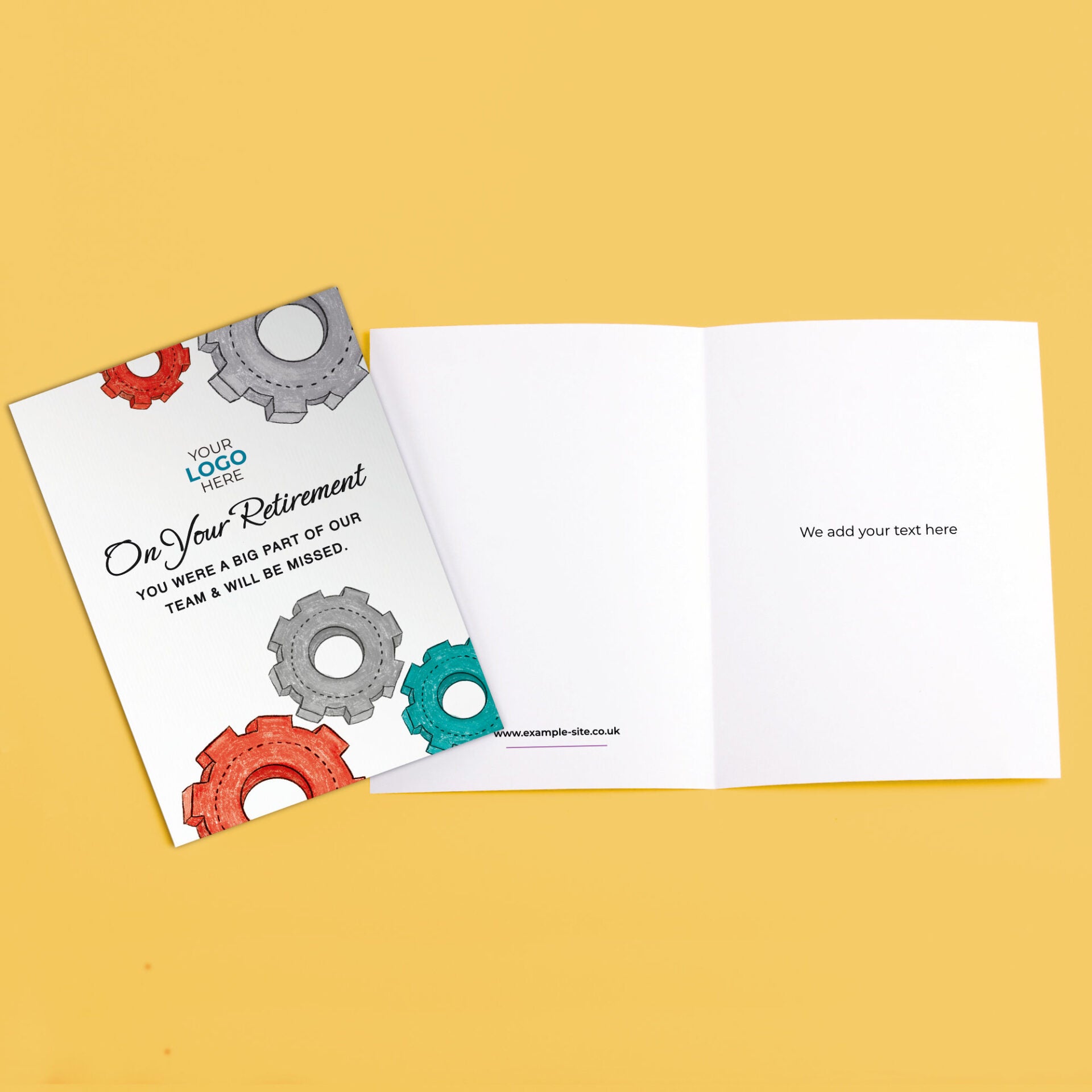 ‘Colourful Cogs’ Personalised Corporate Branded Retirement Greeting Cards image 3