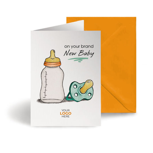 ‘Dummy & Bottle’ Personalised Corporate Branded New Baby Greeting Cards image 0