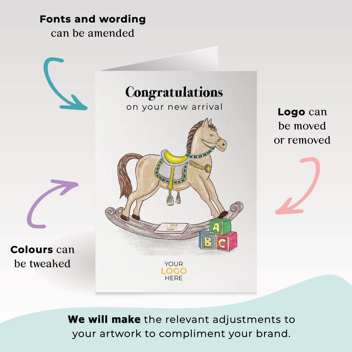 ‘Rocking Horse’ Personalised Corporate Branded New Baby Greeting Cards image 1