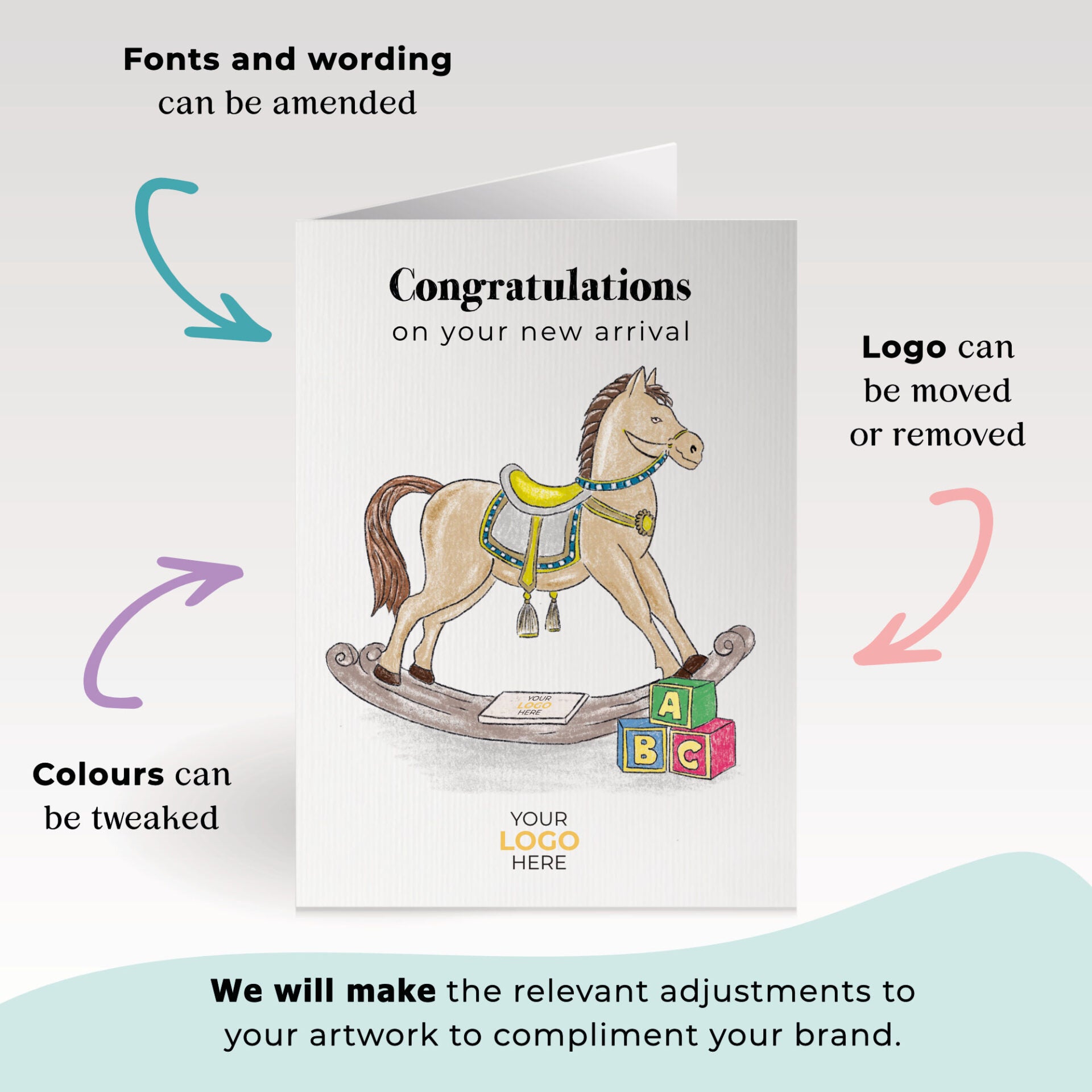 ‘Rocking Horse’ Personalised Corporate Branded New Baby Greeting Cards image 1