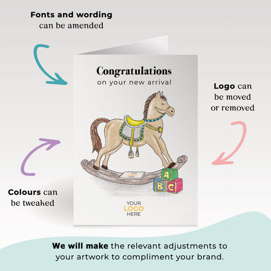 ‘Rocking Horse’ Personalised Corporate Branded New Baby Greeting Cards image 1