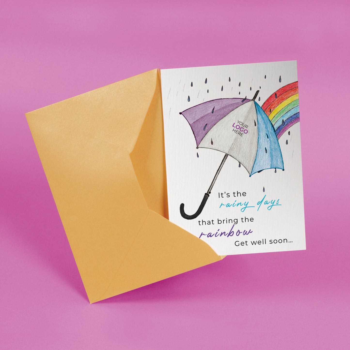 ‘Umbrella & Rainbow’ Personalised Corporate Branded Get Well Soon Greeting Cards image 2
