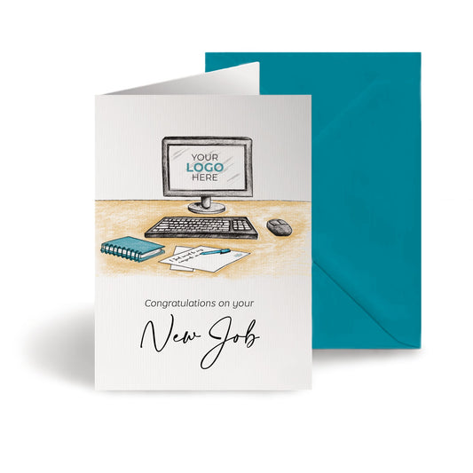 ‘Computer Desk’ Personalised Corporate Branded New Job Greeting Cards image 0