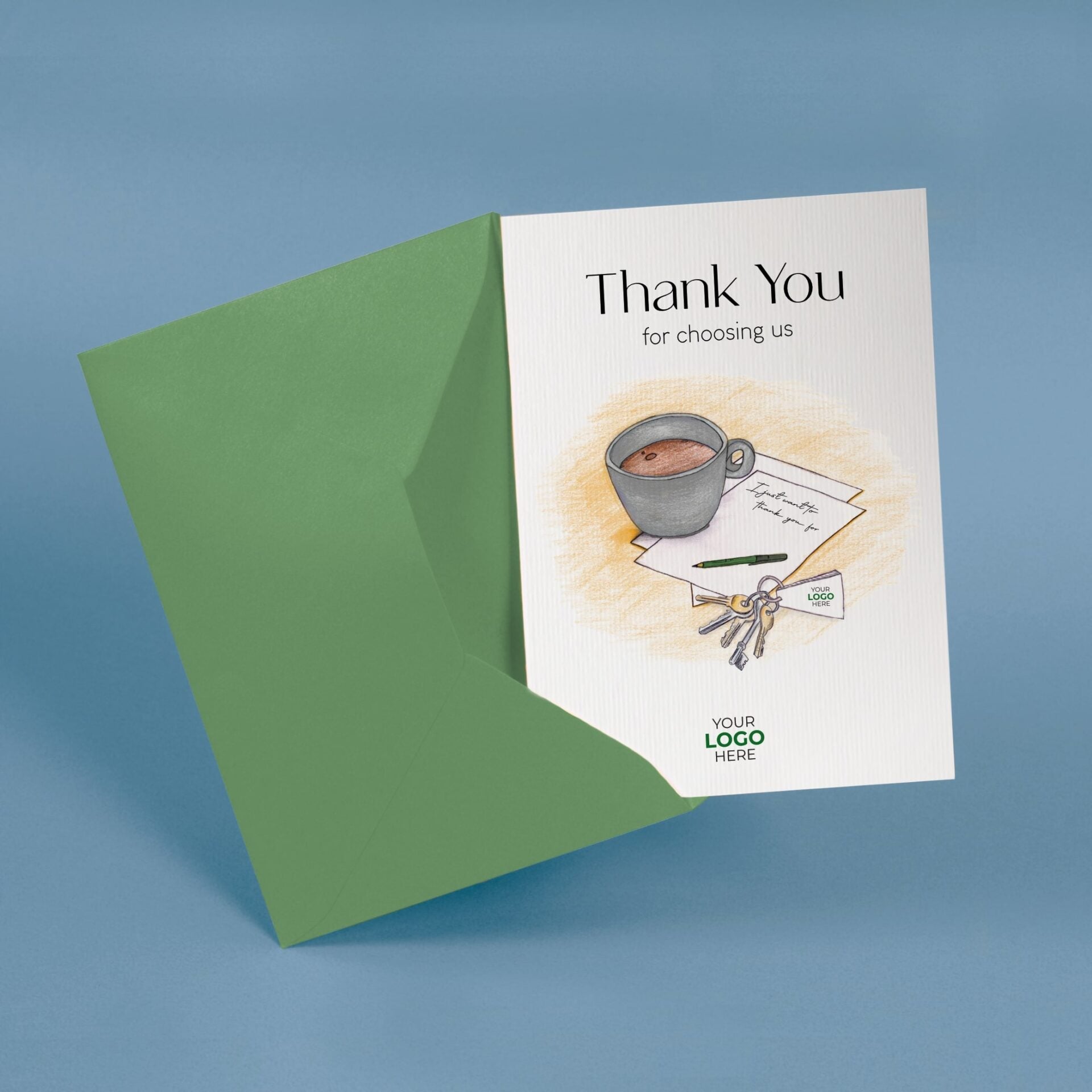 ‘Cup, Note & Keys’ Personalised Corporate Branded Property Greeting Cards image 2