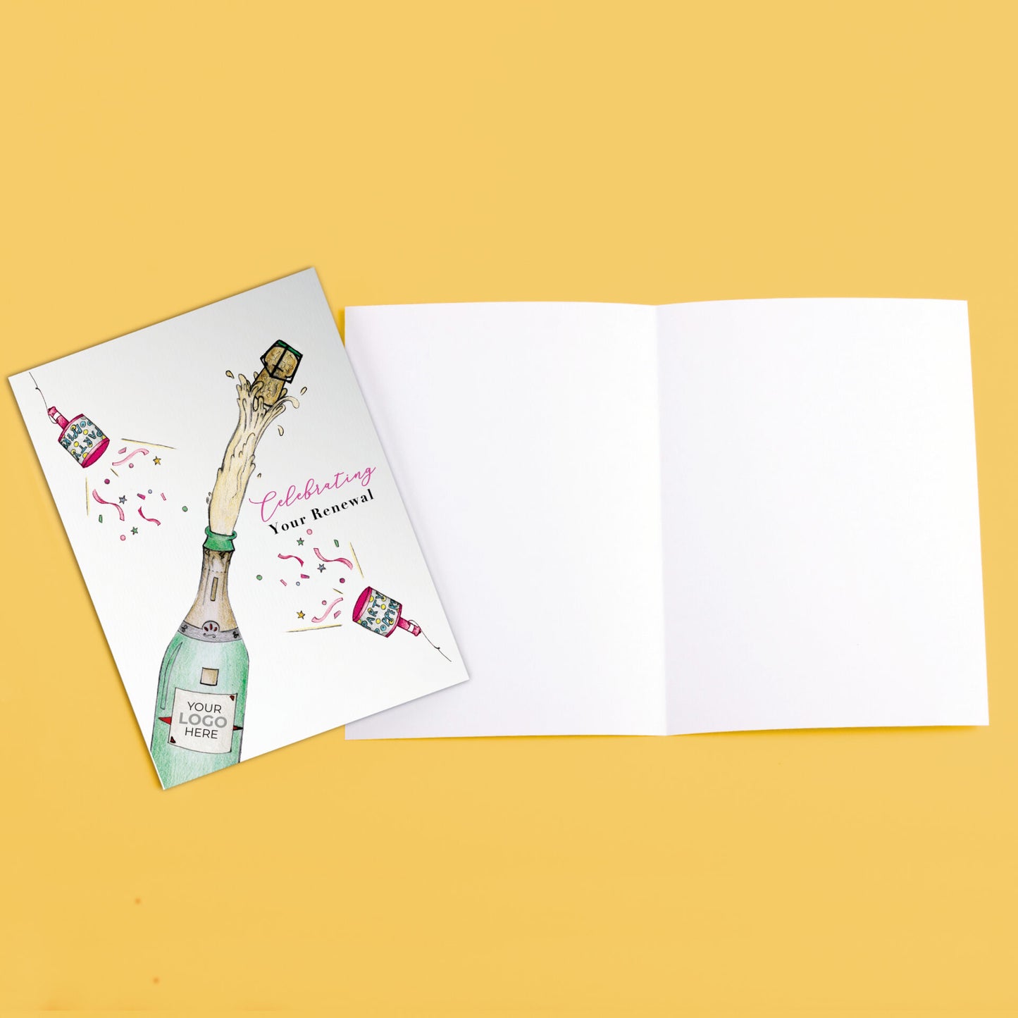 ‘Champagne Popping' Personalised Corporate Branded Renewal Greeting Cards image 3