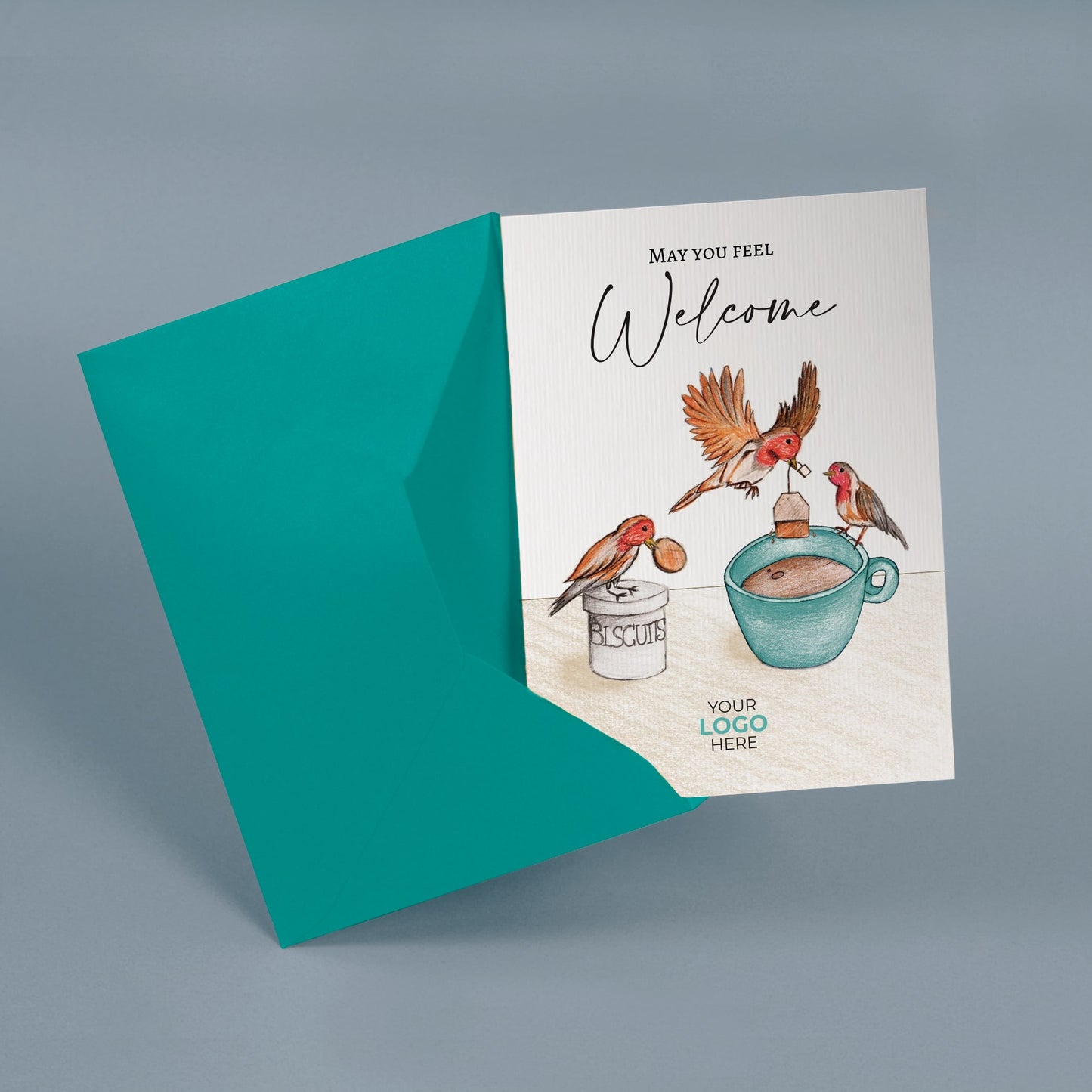 ‘Birds Making Tea’ Personalised Corporate Branded Welcome Greeting Cards image 2