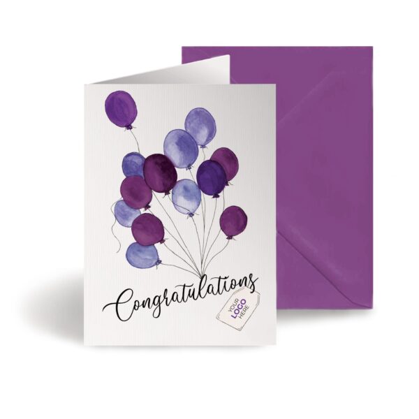 Congratulations company greeting card with colourful balloons on the front, featuring customisable logo and branding.