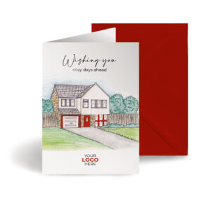 Property corporate greeting card showing a new home with a customisable with company logo and branding colours.