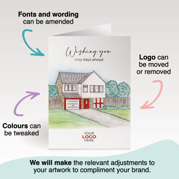 Property corporate greeting card featuring a stylish hand-illustrated new property, customisable with your company logo and brand colours.