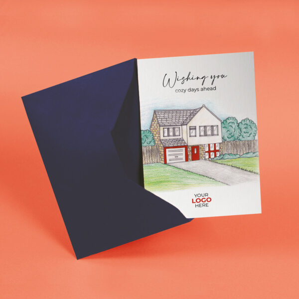 Property corporate greeting card featuring a stylish hand-illustrated new property, customisable with your company logo and brand colours.