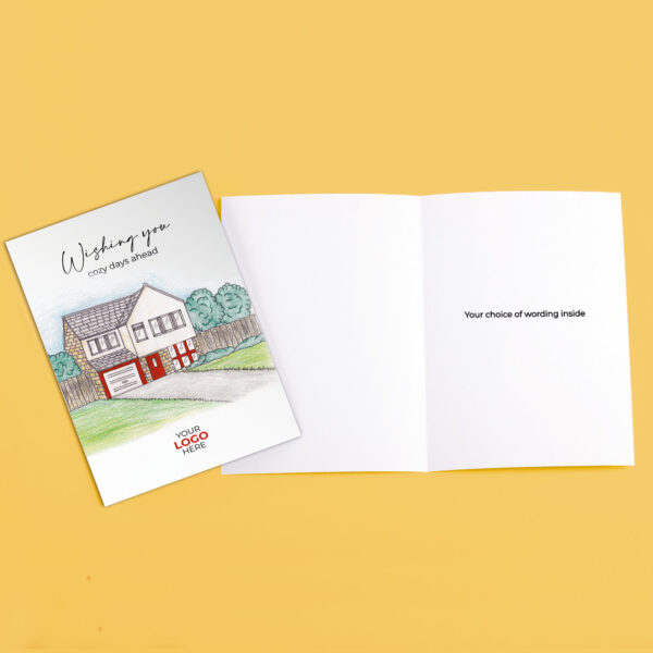 Property corporate greeting card featuring a stylish hand-illustrated new property, customisable with your company logo and brand colours.