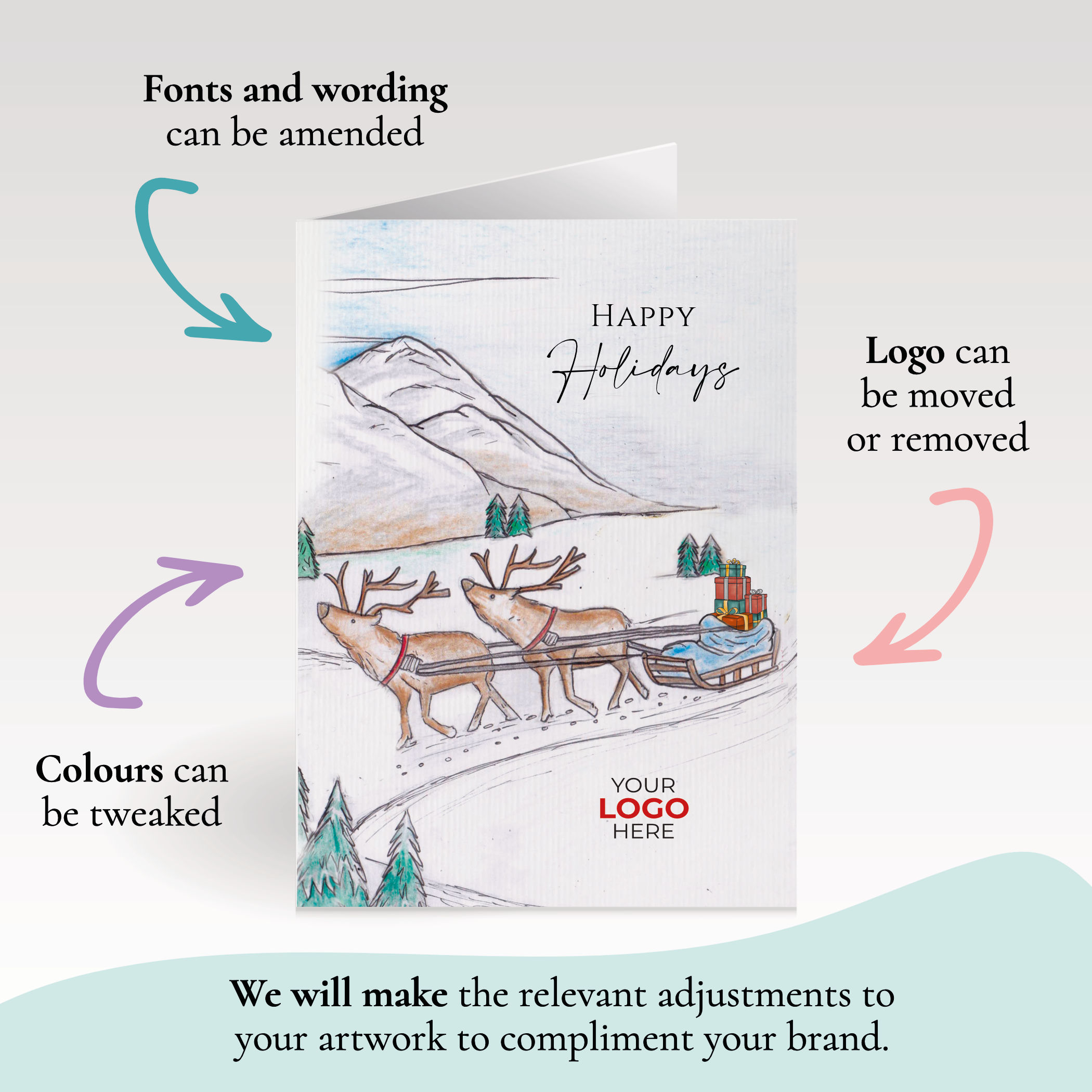 A christmas corporate greeting card featuring a festive message customisable with your company logo and brand colours.