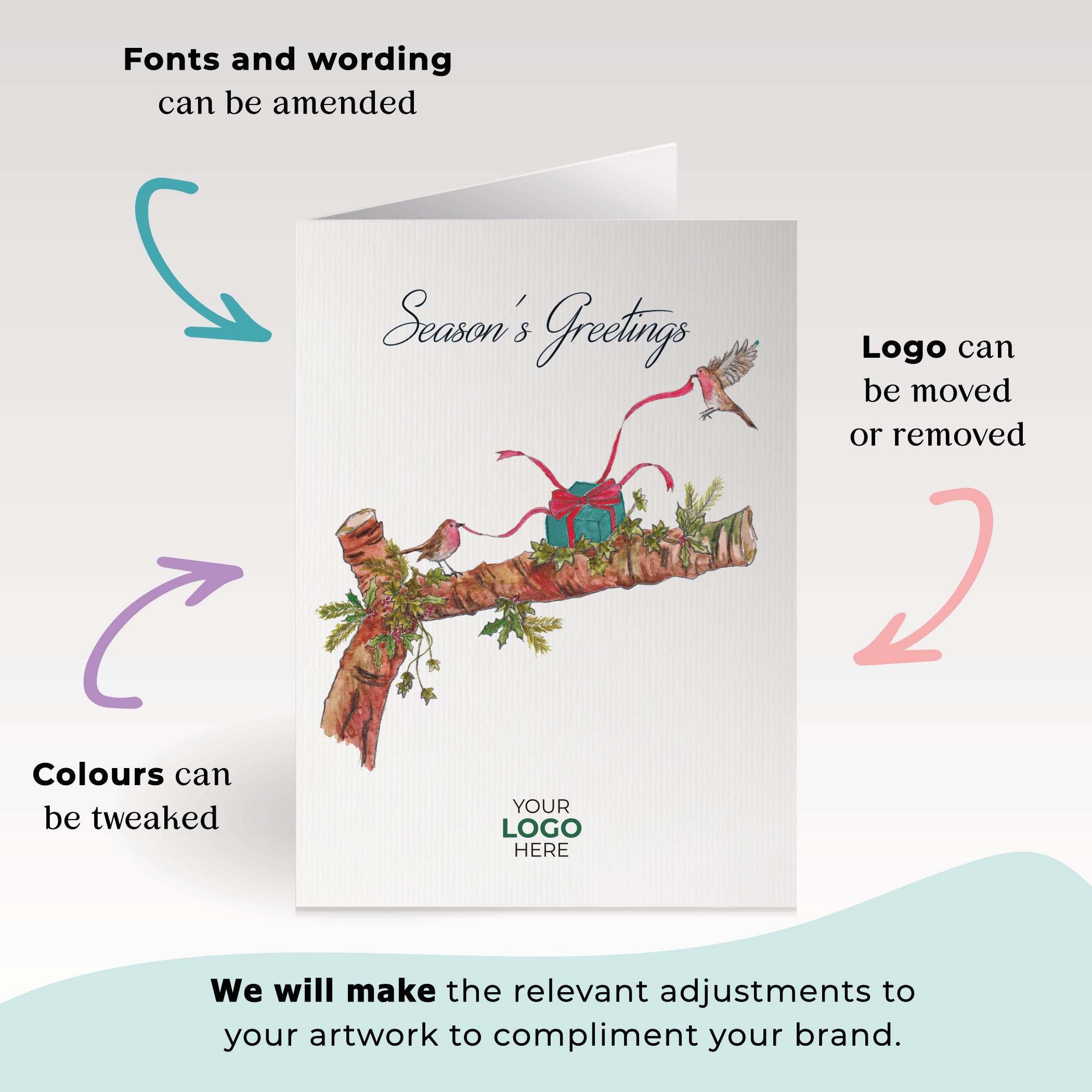 A christmas corporate greeting card featuring a festive message customisable with your company logo and brand colours.