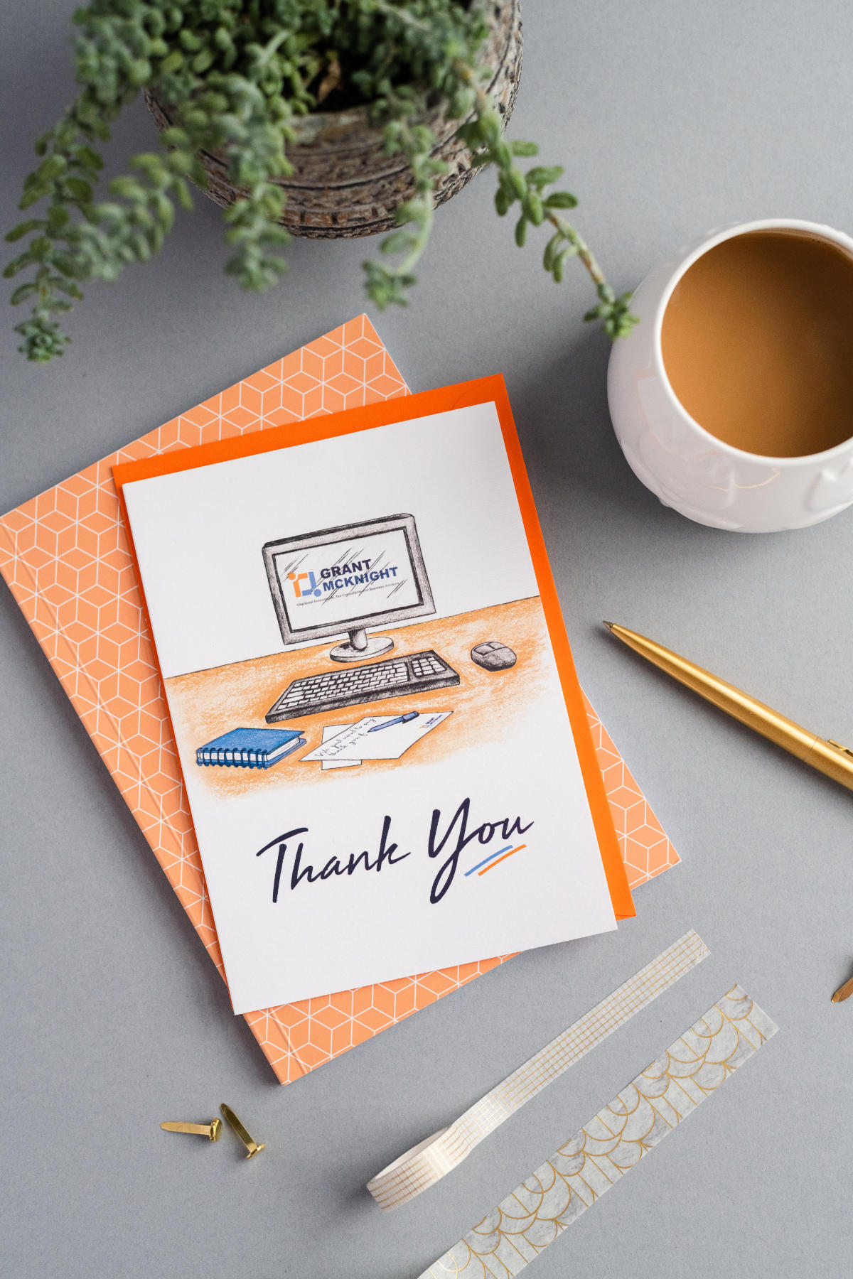 Business thank you card with a hand-illustrated computer design and logo on the screen, customised with branding.