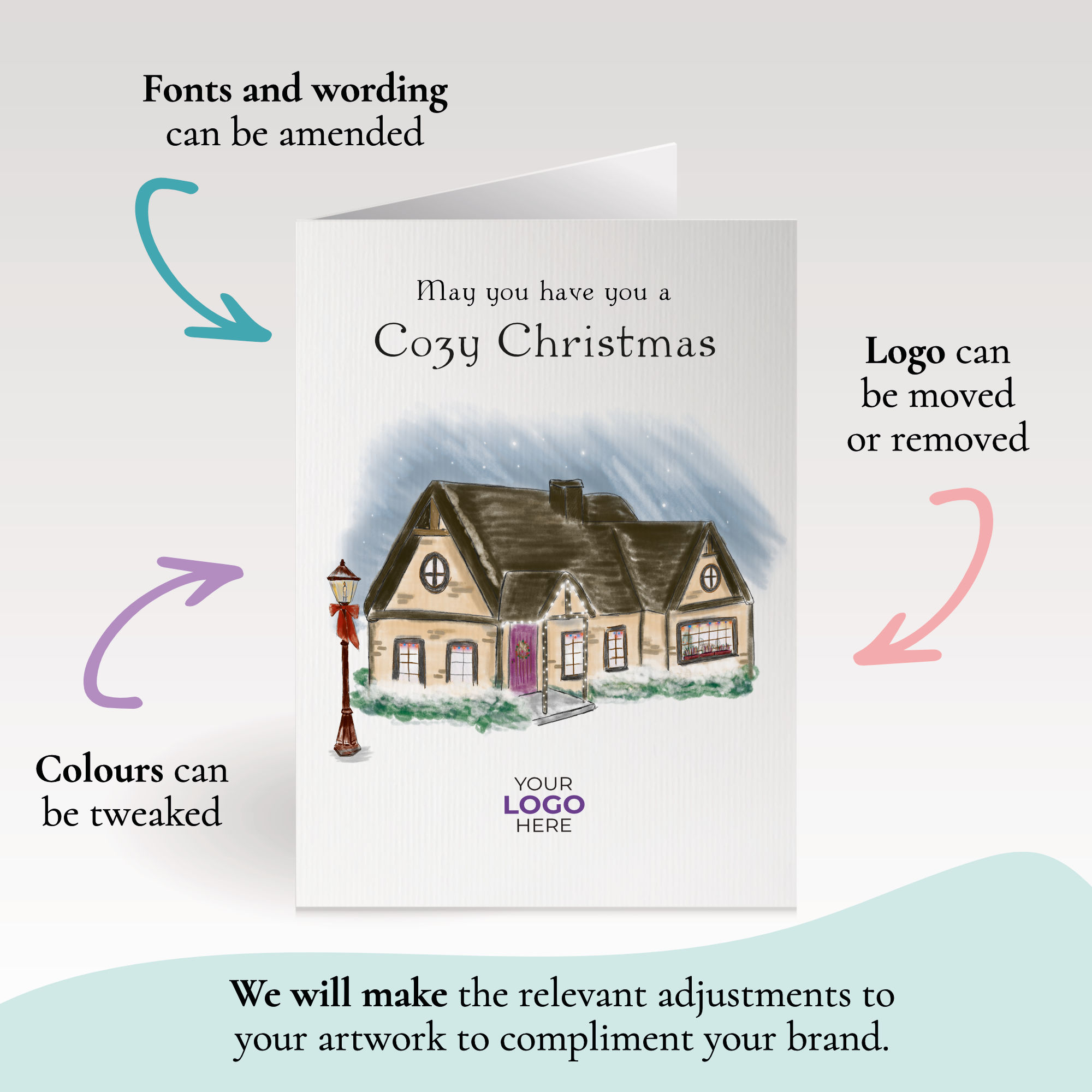 A christmas corporate greeting card featuring a festive message customisable with your company logo and brand colours.