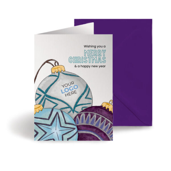 Christmas corporate greeting card showing christmas baubles hand-illustrated customisable with company logo and branding colours