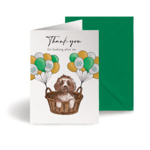 Thank you corporate greeting card showing a dog in a basket hand-illustrated with balloons customisable with company logo and branding colours