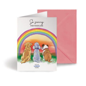 Sympathy corporate greeting card showing dogs under a rainbow hand-illustrated with a sunset in the background customisable with company logo and branding colours