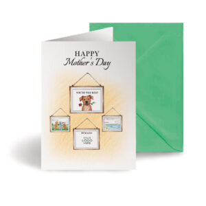 Happy Mothers Day corporate greeting card showing dogs and picture frames hand-illustrated customisable with company logo and branding colours